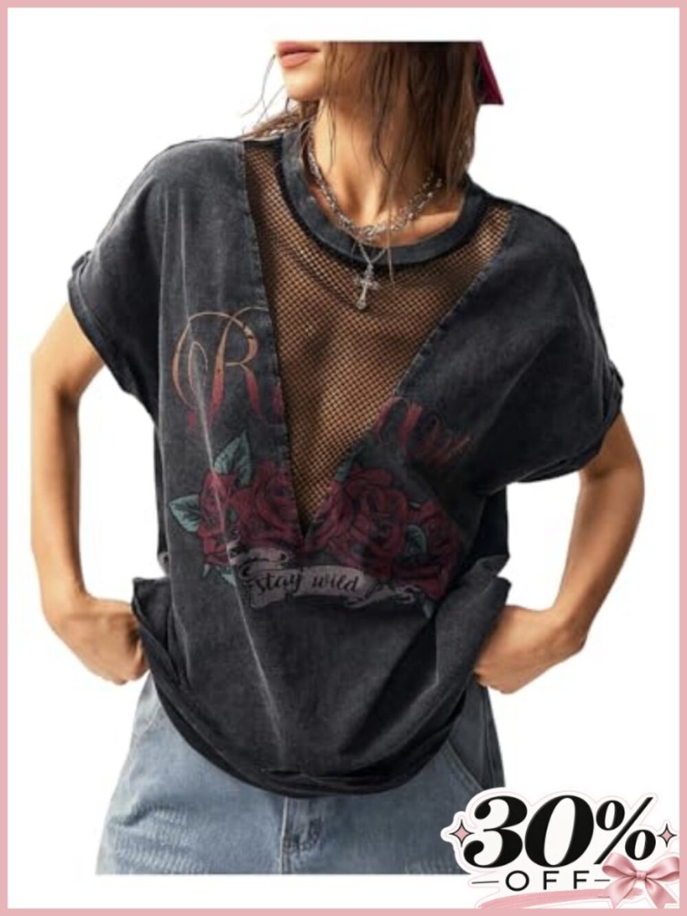 Women's Graphic Mesh T-Shirt Round Neck Short Sleeve